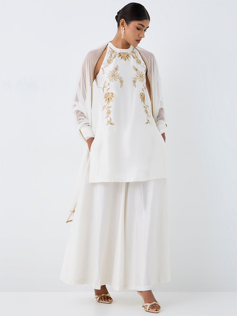Vark Ivory Floral Embroidered A-Line Ethnic Set