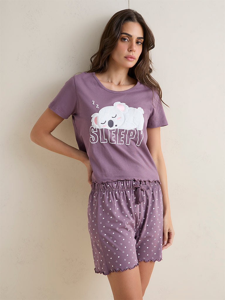Wunderlove Purple Koala Design Cotton T-Shirt and Shorts Set