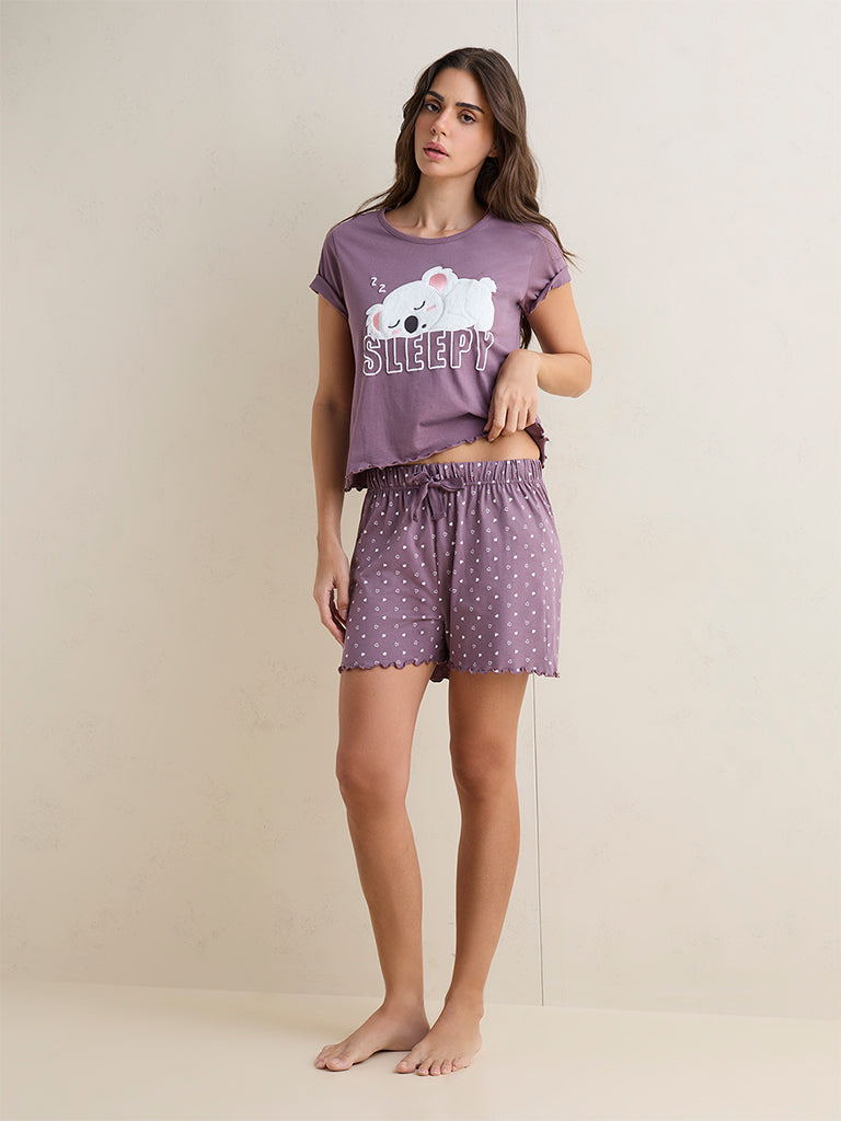 Wunderlove Purple Koala Design Cotton T-Shirt and Shorts Set