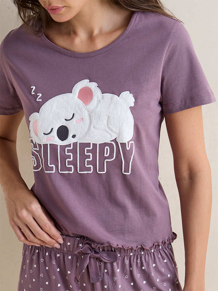Wunderlove Purple Koala Design Cotton T-Shirt and Shorts Set