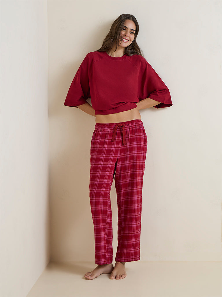 Wunderlove Red Checks Design High-Rise Cotton Pants