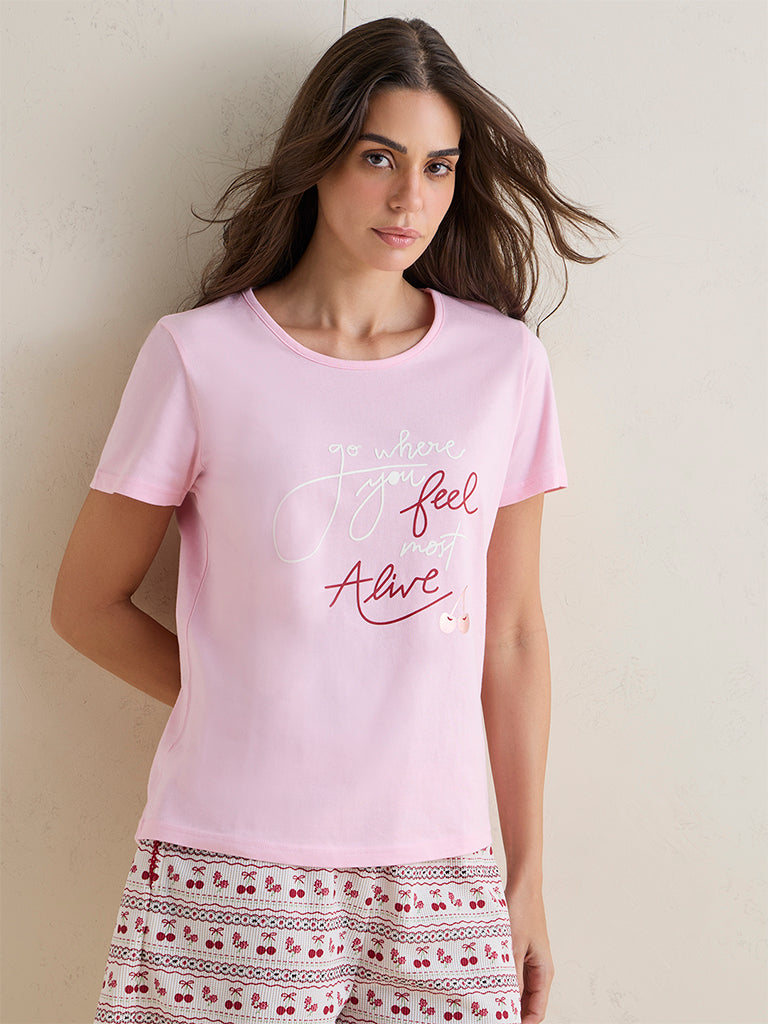 Wunderlove Light Pink Text-Printed Cotton T-Shirt