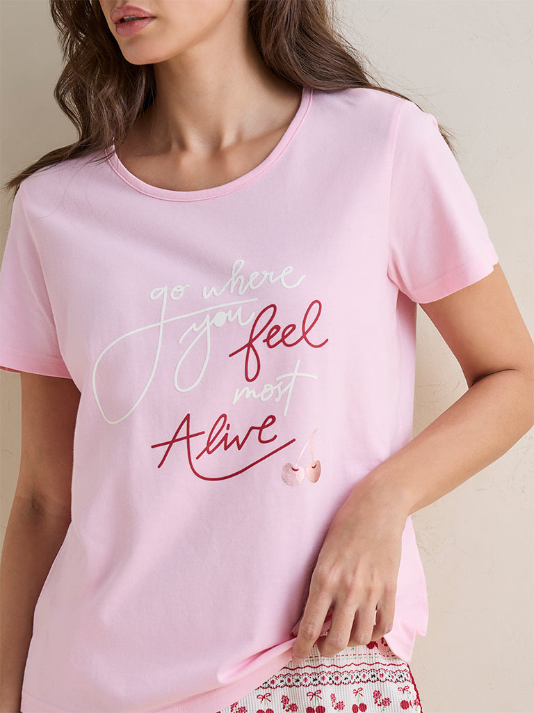 Wunderlove Light Pink Text-Printed Cotton T-Shirt