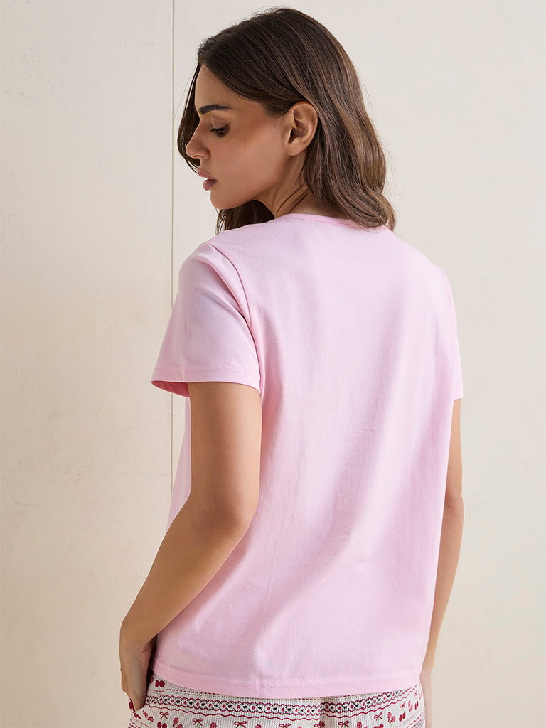 Wunderlove Light Pink Text-Printed Cotton T-Shirt