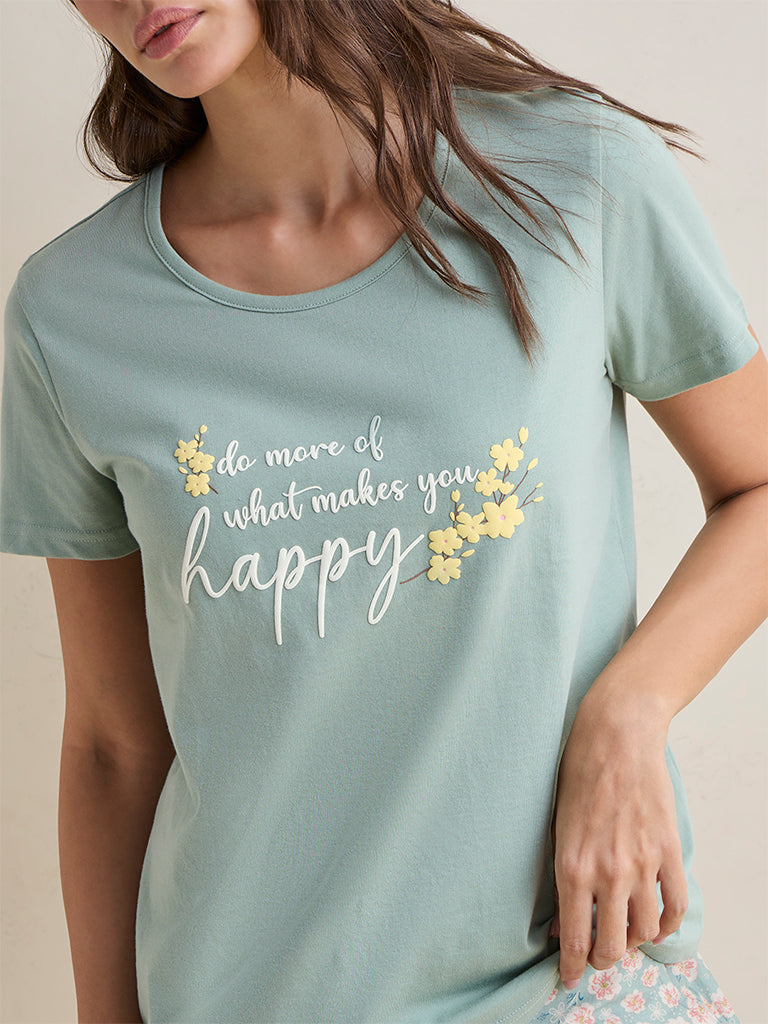 Wunderlove Green Text Printed Cotton T-Shirt