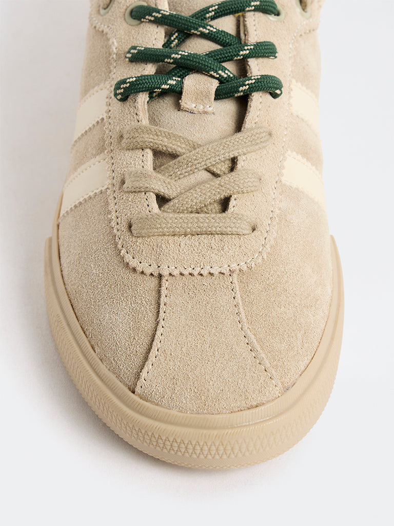 LUNA BLU Light Beige Striped Lace-Up Suede Sneakers