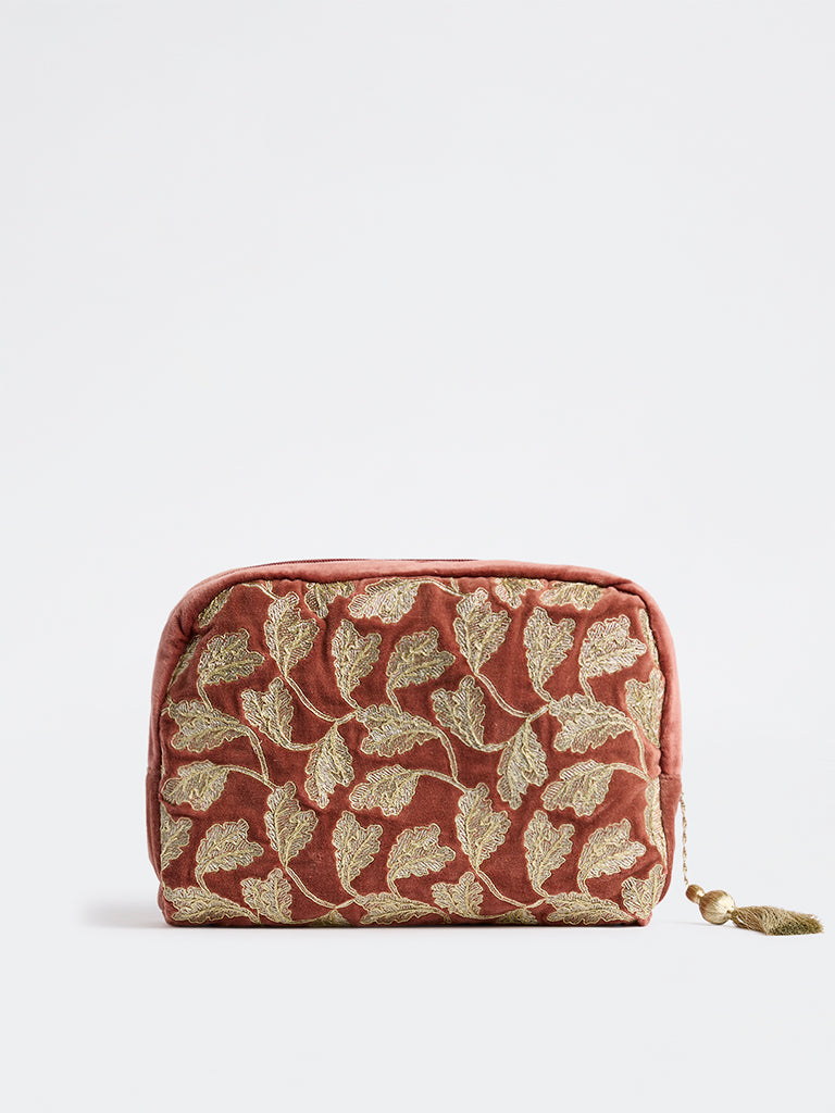 Westside Home Rust Botanical Embroidered Pouch