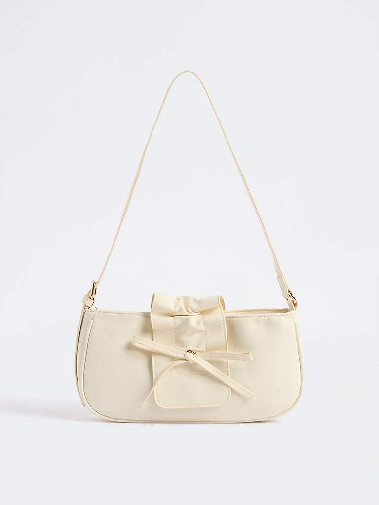 Westside Off-White Ruffled Bow-Detail Shoulder Bag