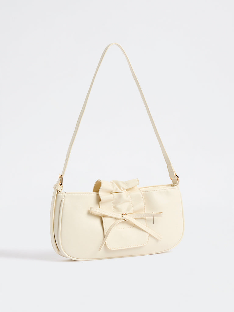 Westside Off-White Ruffled Bow-Detail Shoulder Bag