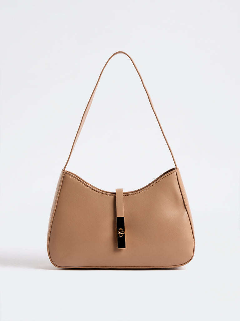 Westside Light Brown Hardware-Detail Baguette Shoulder Bag