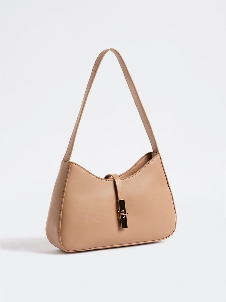 Westside Light Brown Hardware-Detail Baguette Shoulder Bag