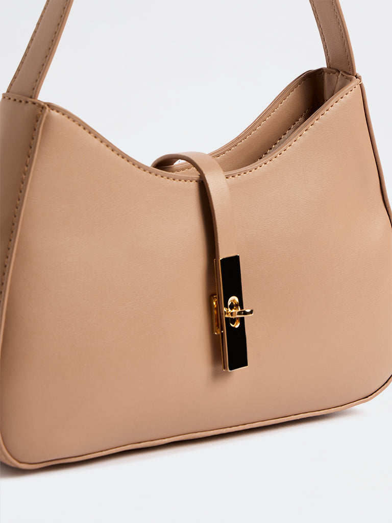 Westside Light Brown Hardware-Detail Baguette Shoulder Bag