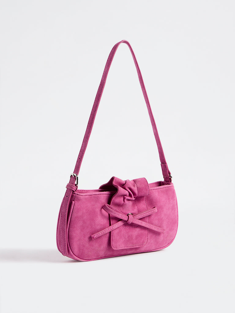 Westside Fuchsia Ruffle Bow-Detail Suede Shoulder Bag