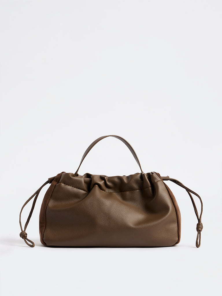Westside Dark Brown Drawstring-Detail Ruched Crossbody Sling Bag