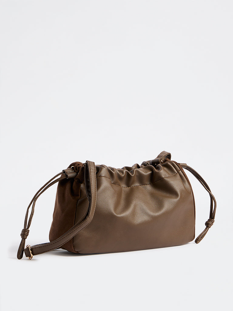 Westside Dark Brown Drawstring-Detail Ruched Crossbody Sling Bag