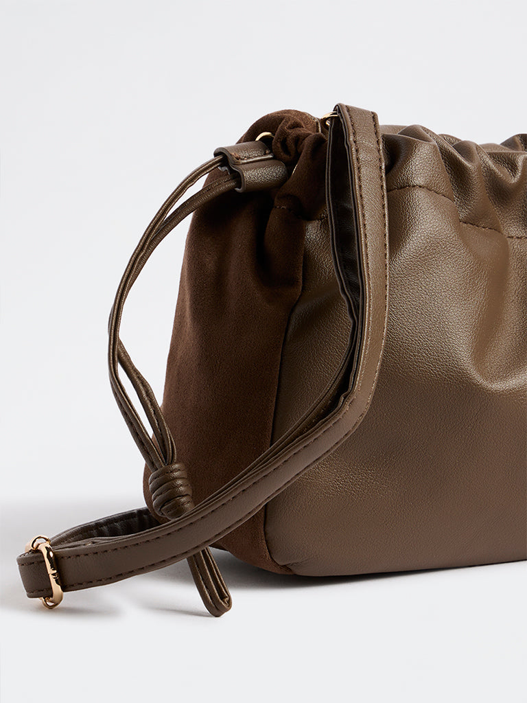 Westside Dark Brown Drawstring-Detail Ruched Crossbody Sling Bag