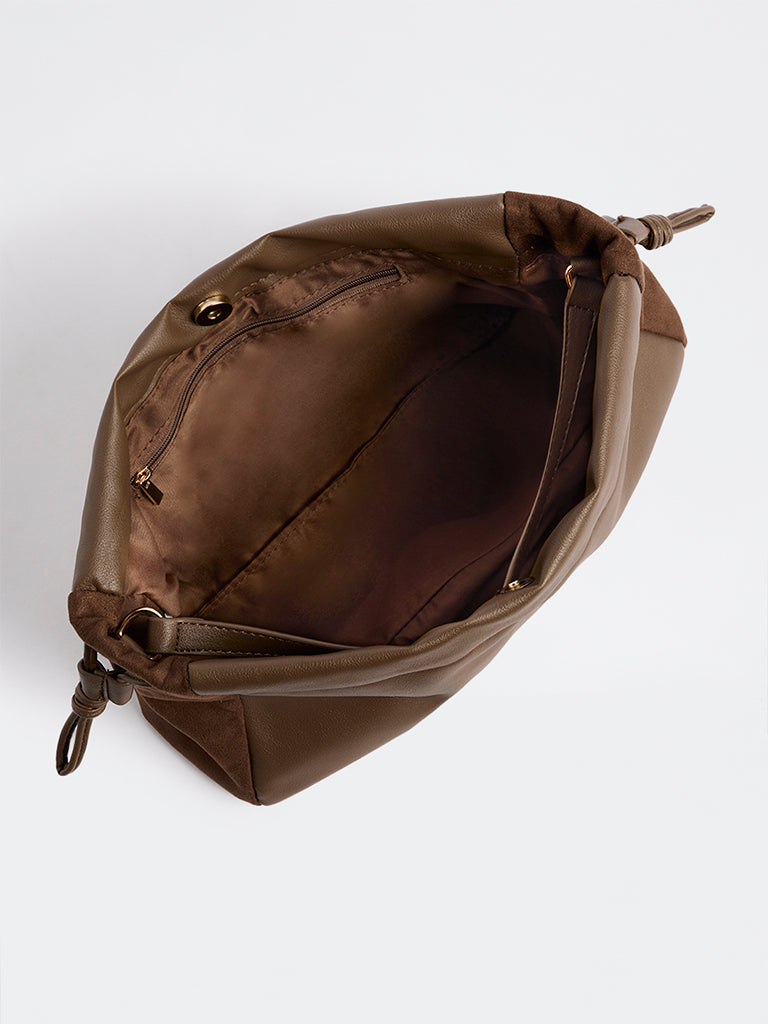 Westside Dark Brown Drawstring-Detail Ruched Crossbody Sling Bag