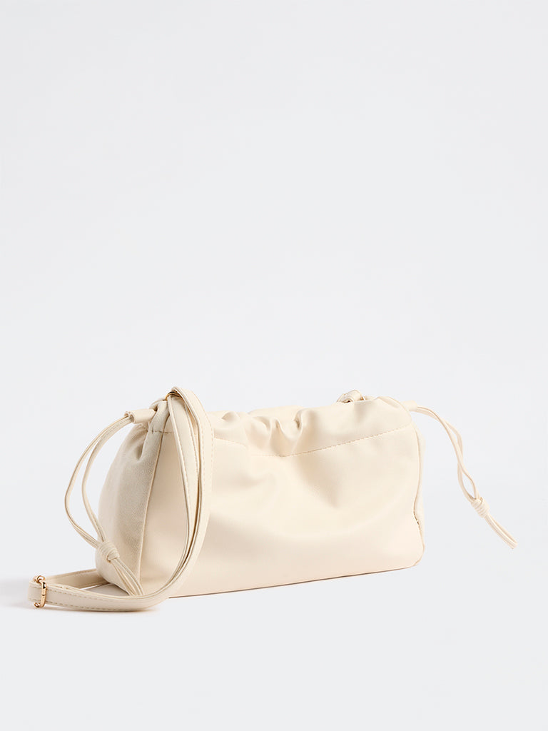 Westside Off-White Drawstring-Detail Ruched Crossbody Sling Bag