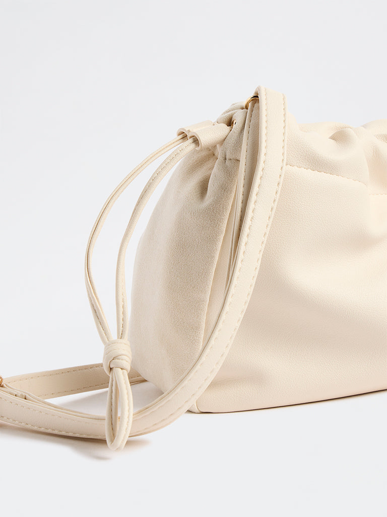 Westside Off-White Drawstring-Detail Ruched Crossbody Sling Bag