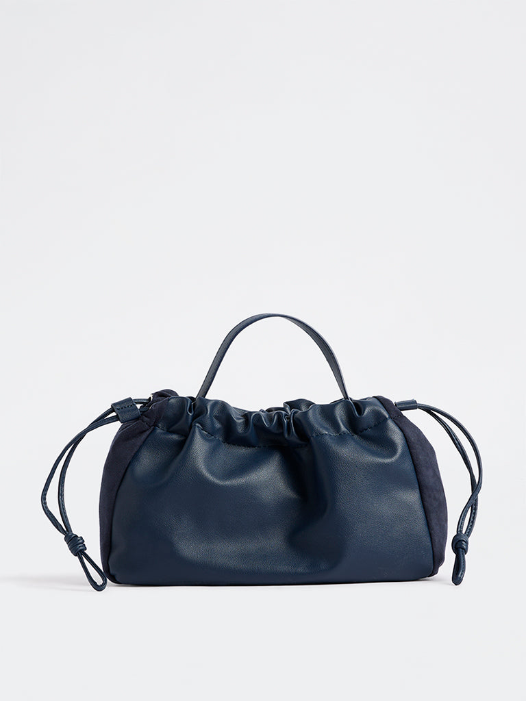 Westside Navy Drawstring-Detail Ruched Crossbody Sling Bag