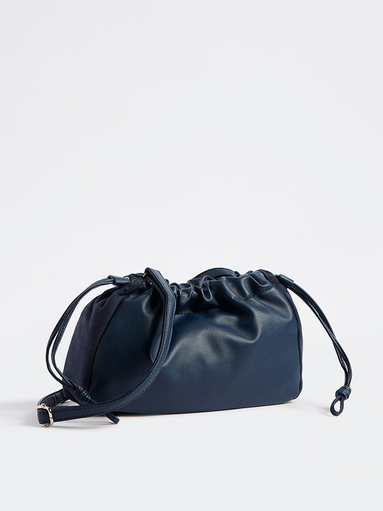 Westside Navy Drawstring-Detail Ruched Crossbody Sling Bag