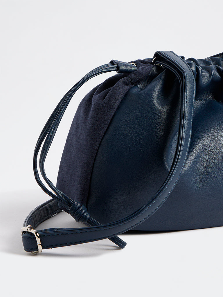 Westside Navy Drawstring-Detail Ruched Crossbody Sling Bag