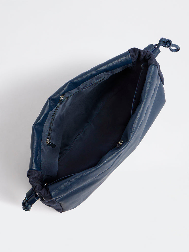 Westside Navy Drawstring-Detail Ruched Crossbody Sling Bag