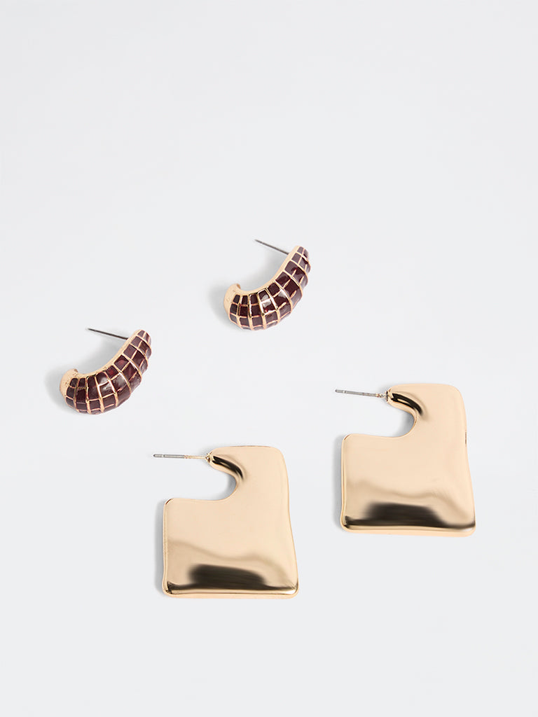 Westside Accessories Gold and Burgundy Hoops Earrings - Pack of 2
