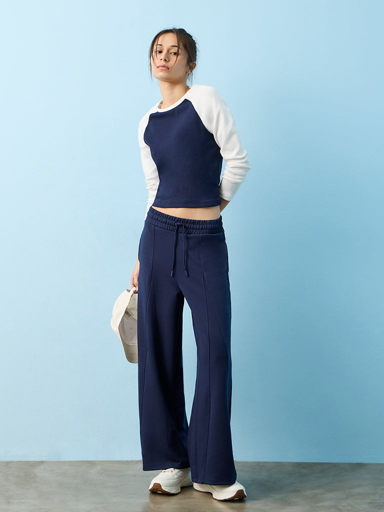 Nuoflexx Navy Piping Detail High-Rise Flared Track Pants