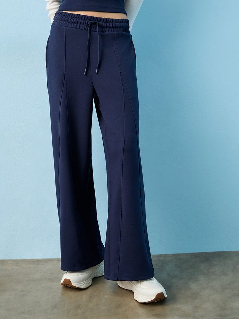 Nuoflexx Navy Piping Detail High-Rise Flared Track Pants