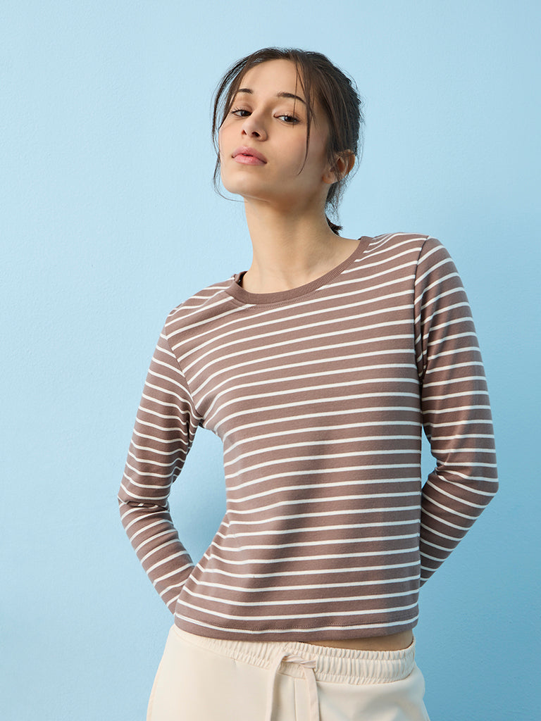 Nuoflexx Brown Striped Cotton-Blend T-Shirt