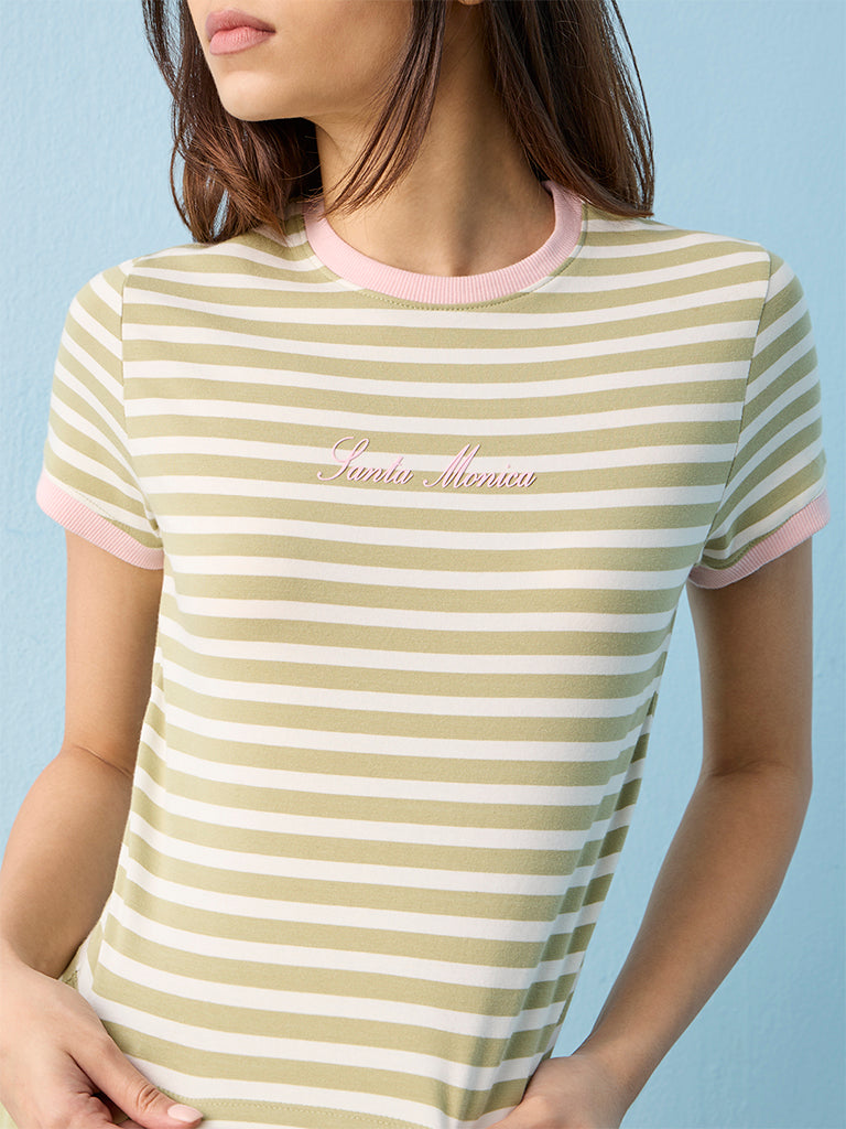 Nuoflexx Sage Green Striped Cotton-Blend T-Shirt