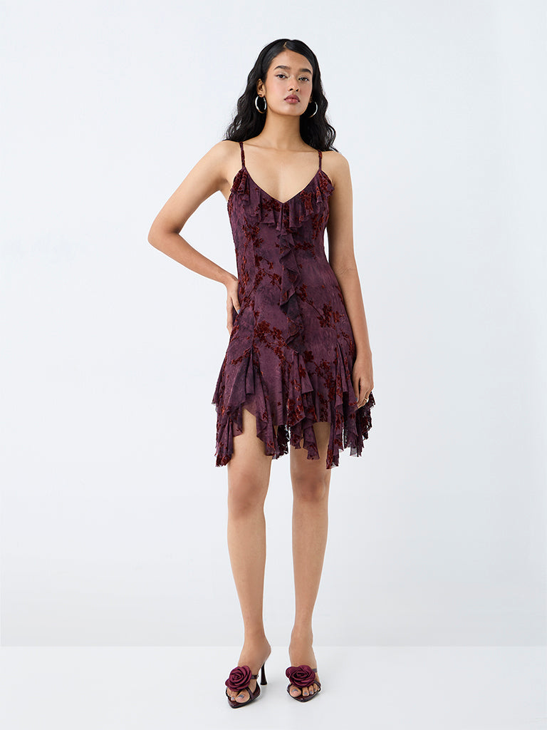 Nuon Dark Plum Floral Printed Ruffled Mini Dress