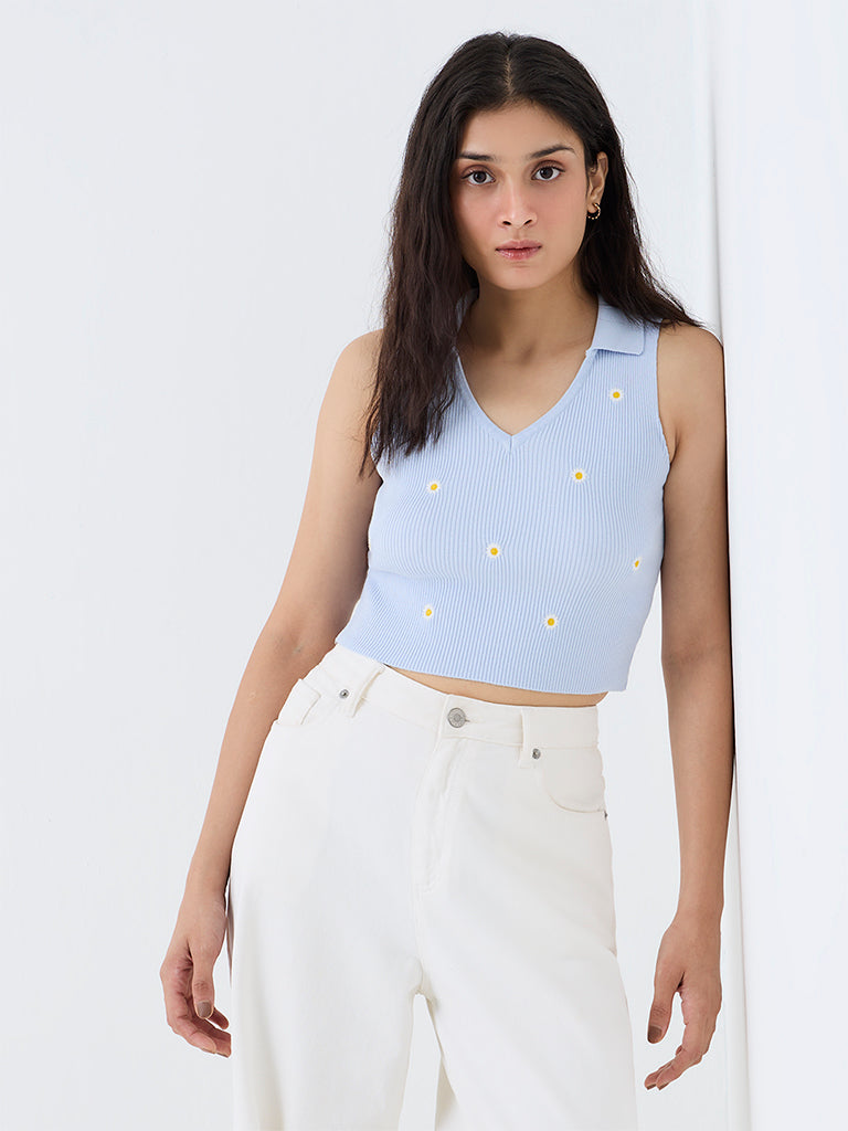 Nuon Light Blue Floral Embroidered Ribbed Top