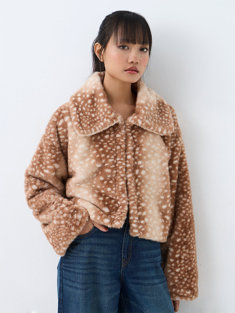 Nuon Brown Animal Printed Faux Fur Jacket
