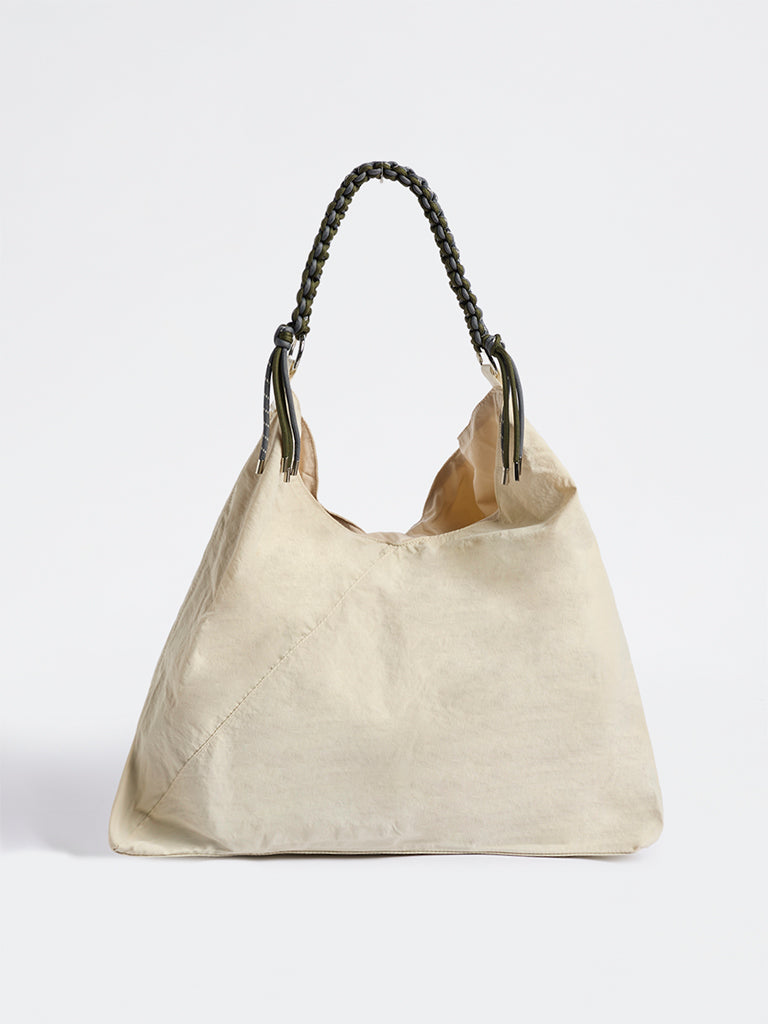 Westside Light Beige Braided-Strap Slouchy Shoulder Bag