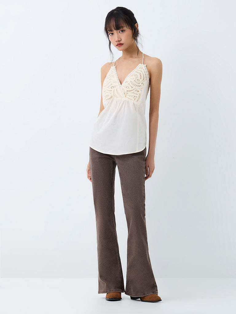 Bombay Paisley Off-White Lace Embroidered Cotton Top