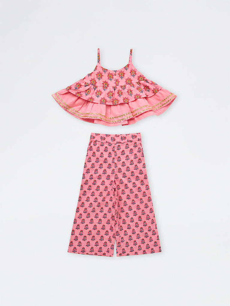 Utsa Kids Girls Pink Floral Printed Cotton Top and Pants Set - (2-8 yrs)