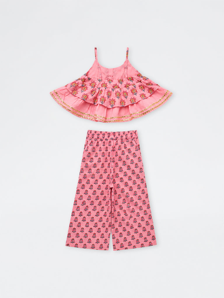 Utsa Kids Girls Pink Floral Printed Cotton Top and Pants Set - (2-8 yrs)