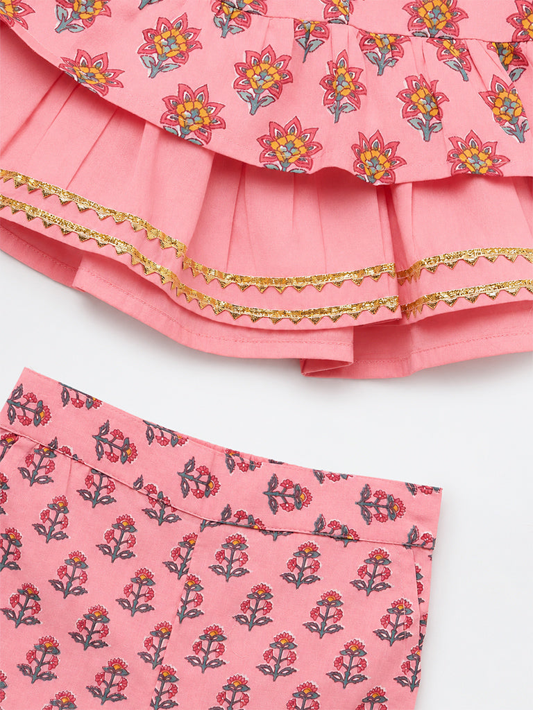 Utsa Kids Girls Pink Floral Printed Cotton Top and Pants Set - (2-8 yrs)