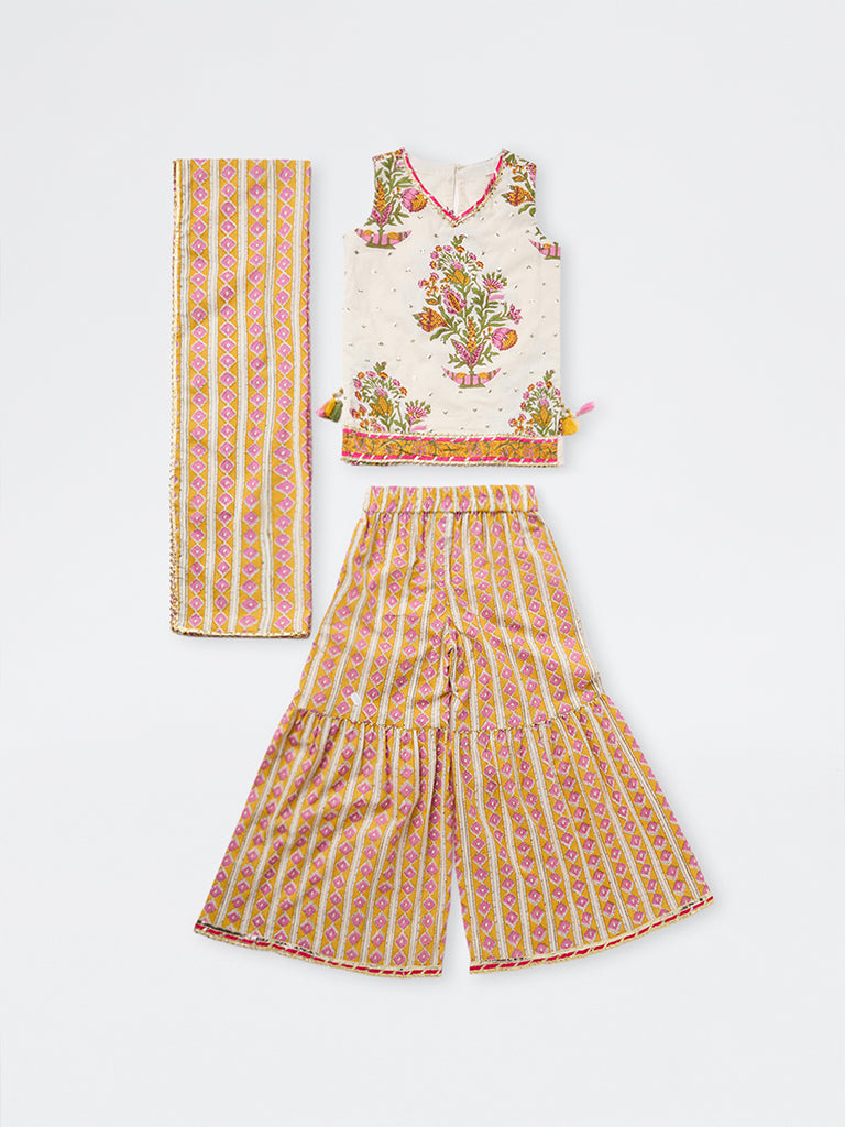 Utsa Kids Girls Multicolor Floral Printed Cotton Top with Sharara Set - (8-14 yrs)