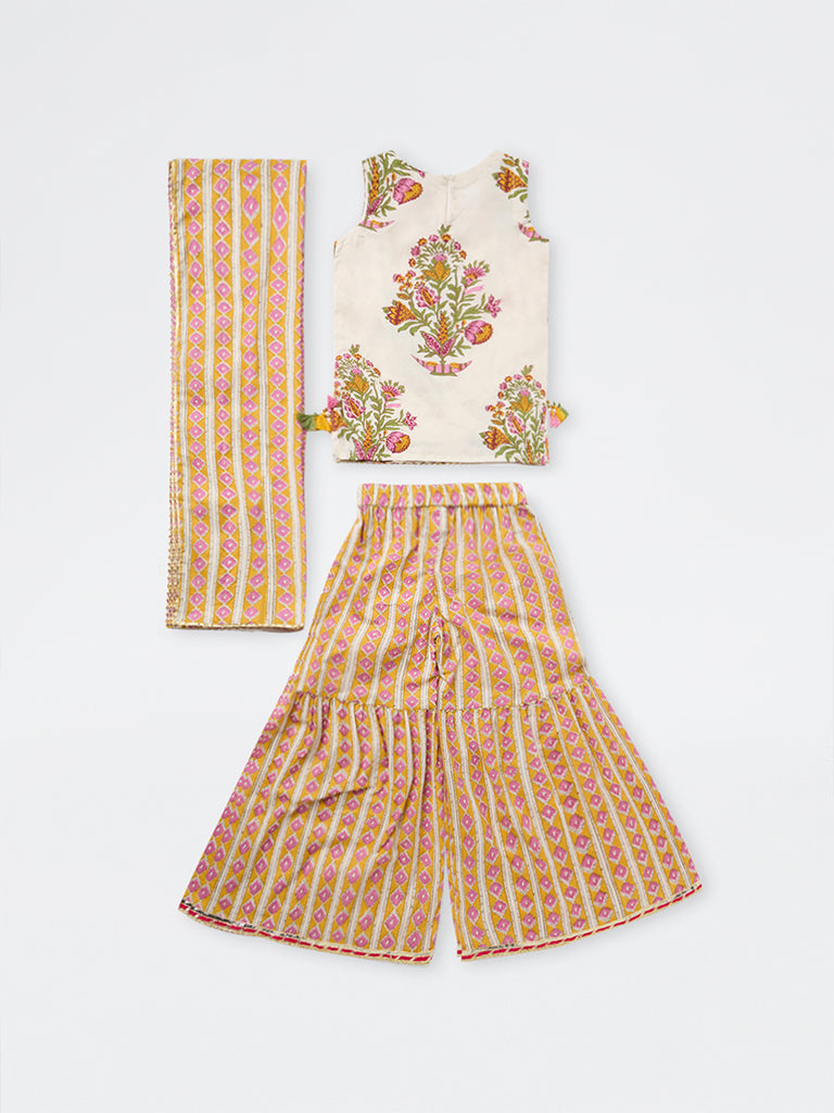 Utsa Kids Girls Multicolor Floral Printed Cotton Top with Sharara Set - (8-14 yrs)