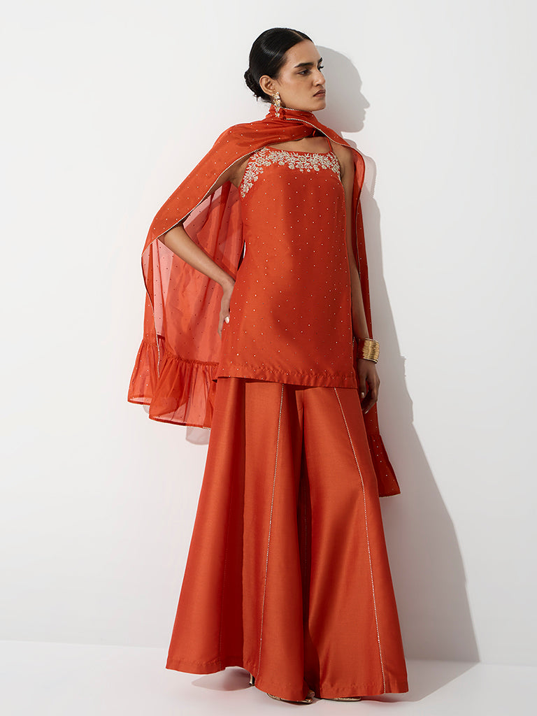 Vark Orange Floral Embroidered Tunic and Palazzos Ethnic Set