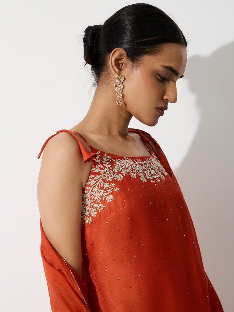 Vark Orange Floral Embroidered Tunic and Palazzos Ethnic Set
