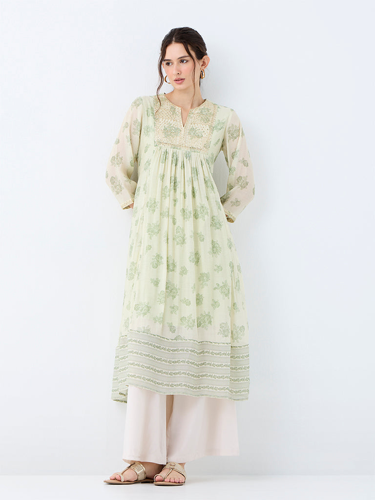 Utsa Light Green Floral Cotton-Blend Empire-Line Kurta
