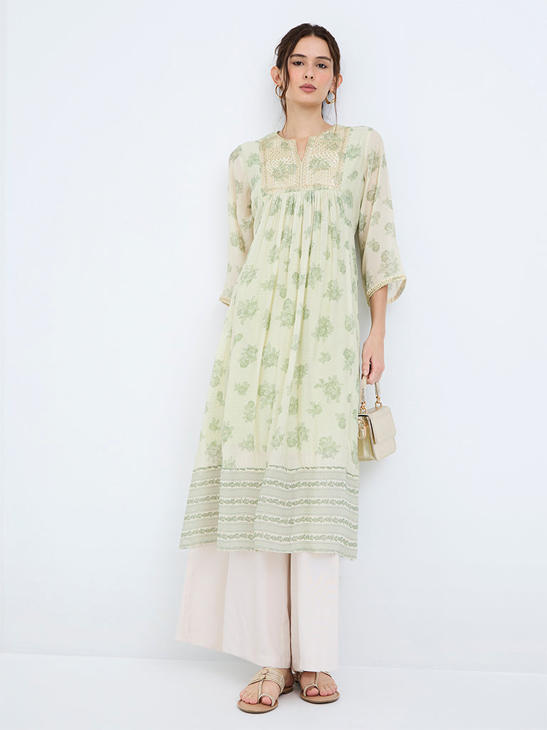 Utsa Light Green Floral Cotton-Blend Empire-Line Kurta