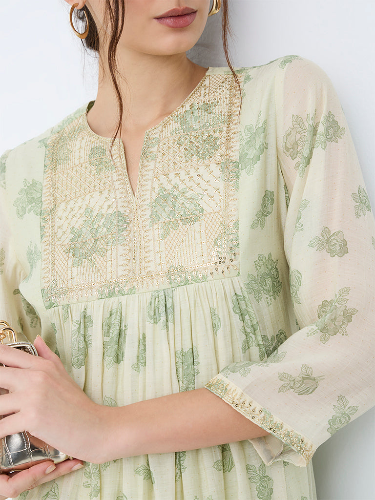 Utsa Light Green Floral Cotton-Blend Empire-Line Kurta