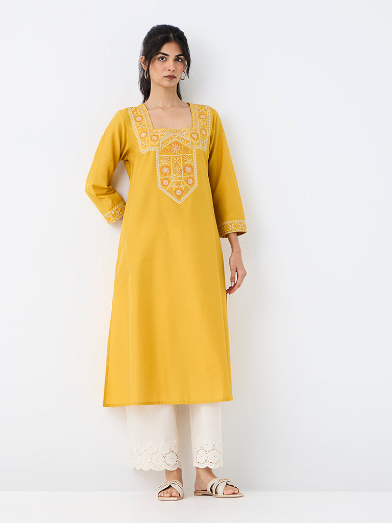 Utsa Yellow Floral Embroidered A-Line Kurta