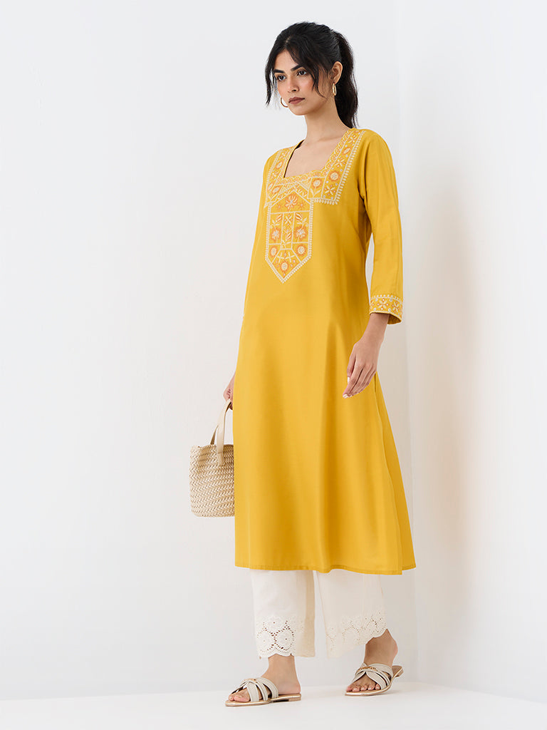 Utsa Yellow Floral Embroidered A-Line Kurta