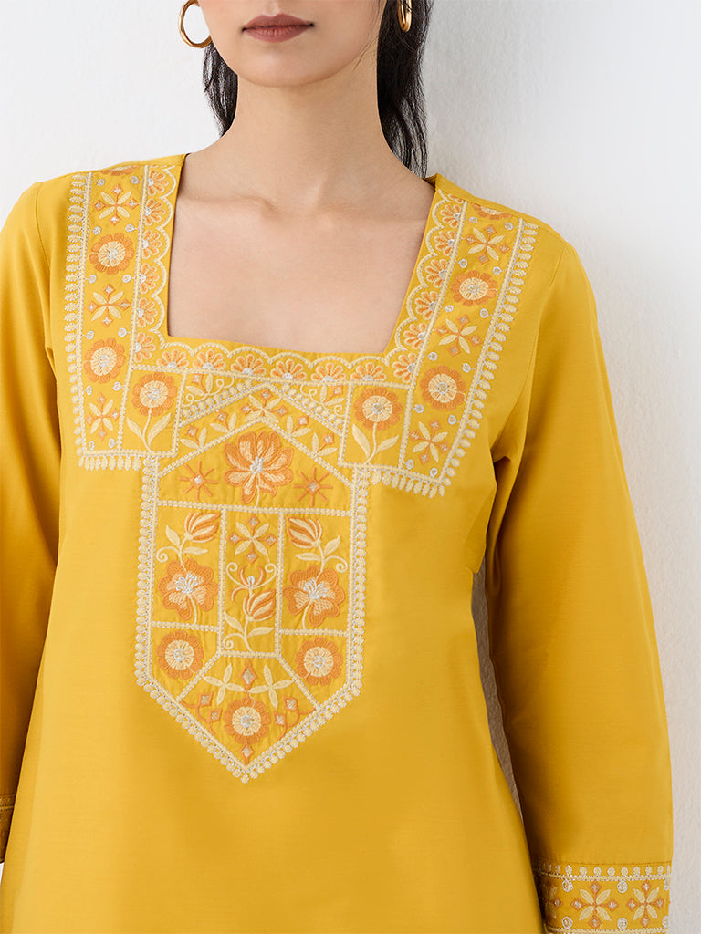 Utsa Yellow Floral Embroidered A-Line Kurta